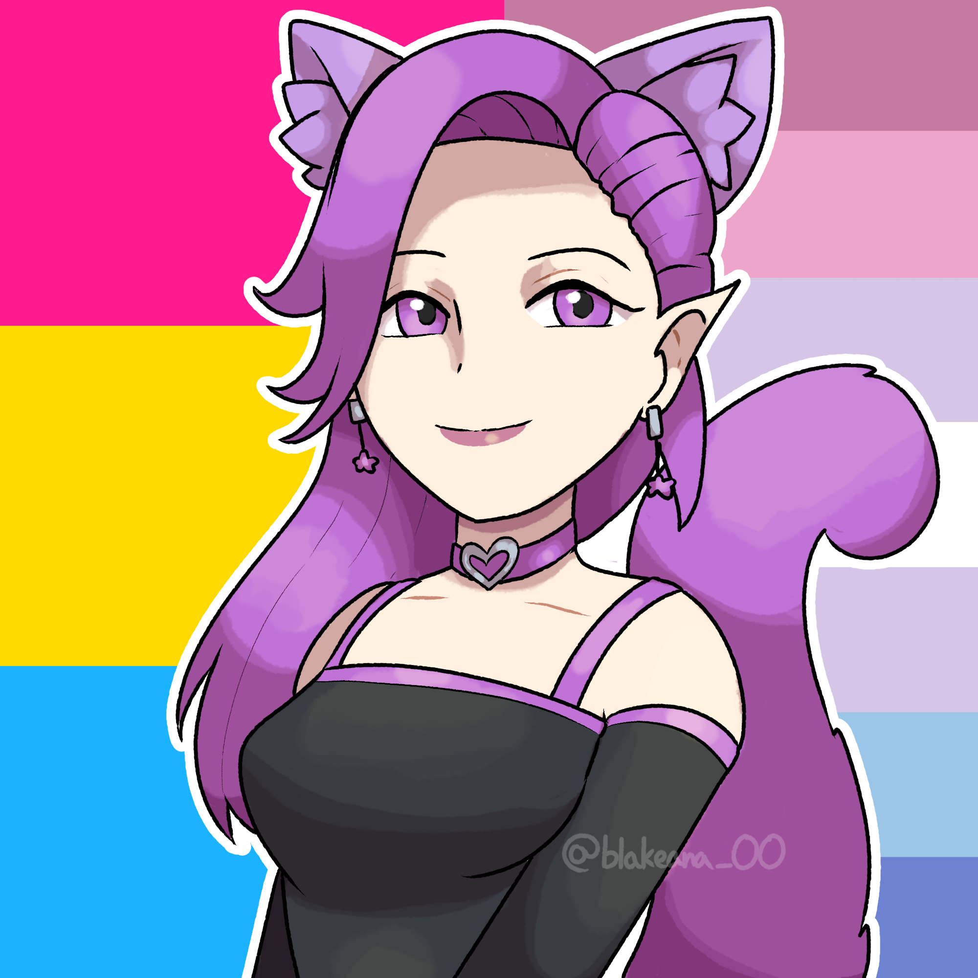 phia phia, a pale woman with purple hair, cat ears and a tail